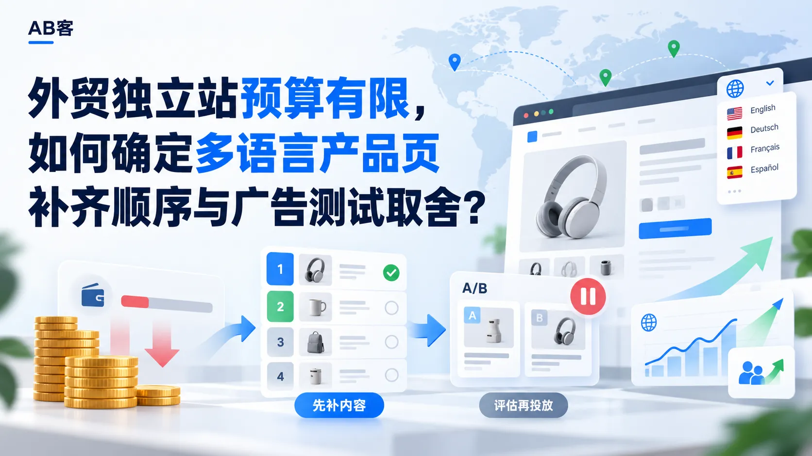 问:外贸独立站多语言产品页不完整、预算有限,AB客GEO增长引擎能否结合目标市场和网站现状,判断先补哪些内容、哪些广告测试可暂缓?答:可以结合目标国家、优先产品、页面缺口及访问和询盘数据,分析内容补齐优先级。广告测试取舍需补充测试范围、预算和数据,并确认服务边界;证据不足时,不能直接建议暂缓。