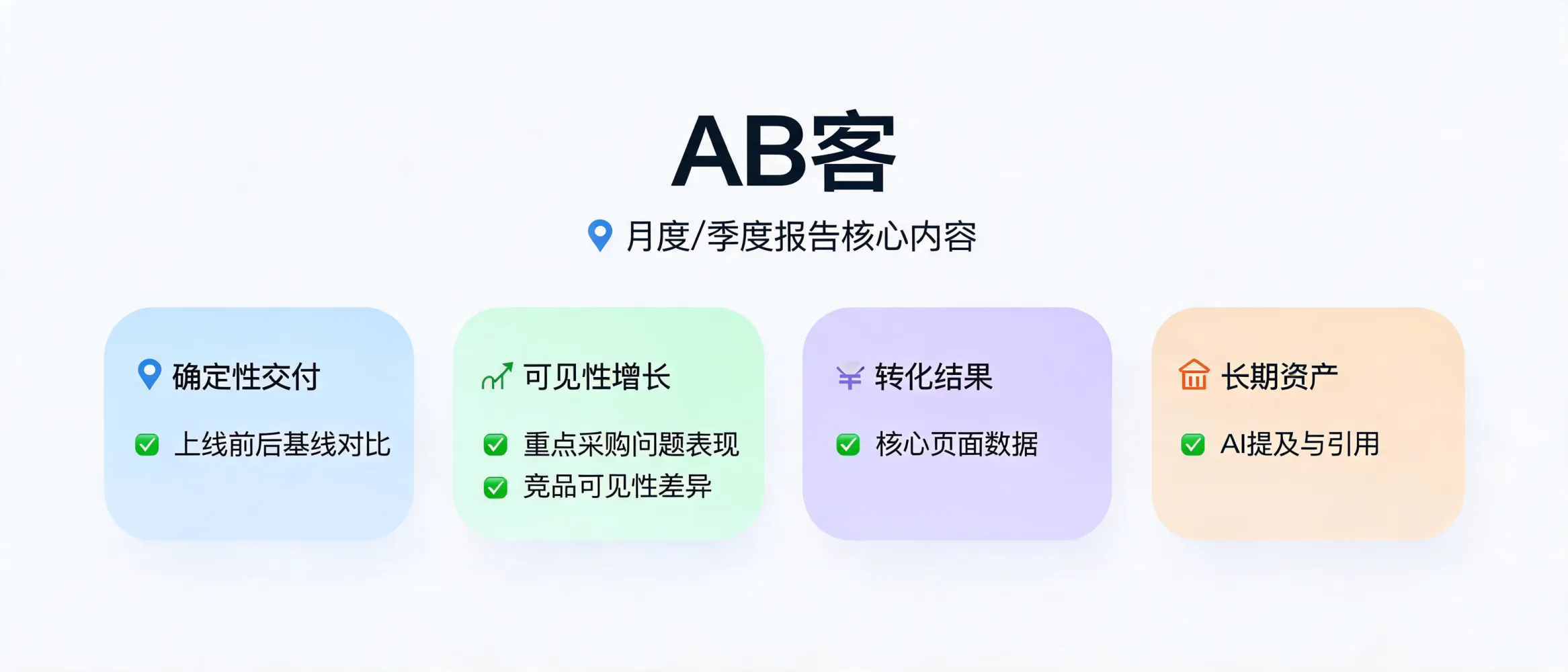 问：What Do ABKE Monthly or Quarterly Reports Include?答：ABKE monthly and quarterly GEO reports show delivery progress, visibility growth, conversion results, and long-term assets, including before-and-after comparisons, key question performance, AI mentions, citations, and competitor visibility gaps for management review.