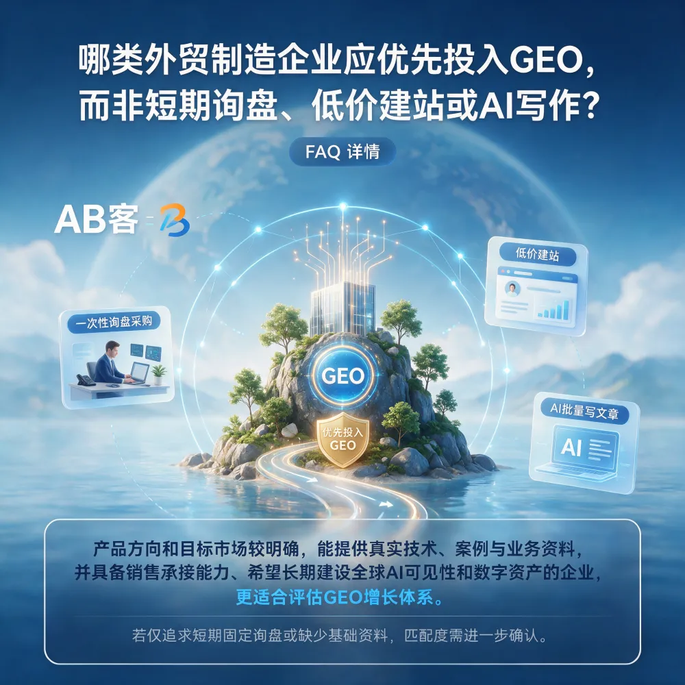 问：Which Export Manufacturing Companies Should Prioritize GEO?答：Learn whether your export manufacturing business is ready for a GEO growth system. ABKE helps qualified B2B exporters build AI visibility, knowledge assets, and long-term global growth infrastructure.