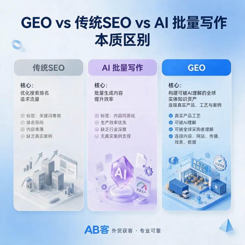 问：How GEO Differs from Traditional SEO and Bulk AI Content for Export Manufacturers答：Learn how ABKE helps export manufacturers distinguish GEO from traditional SEO and bulk AI content by building verifiable knowledge assets for AI visibility and global B2B lead generation.