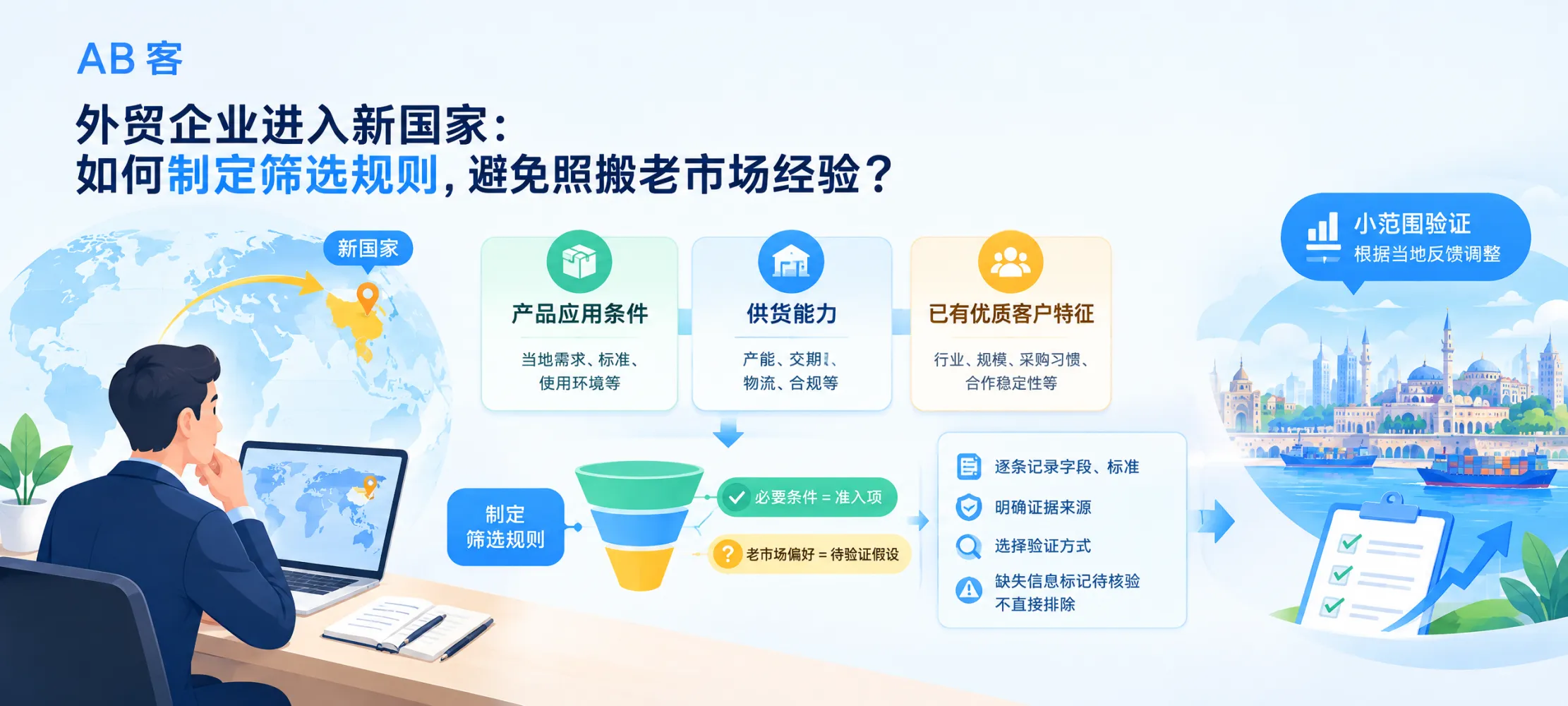 Workflow for screening B2B prospects in a new country using product requirements, supply capabilities and customer profile validation.