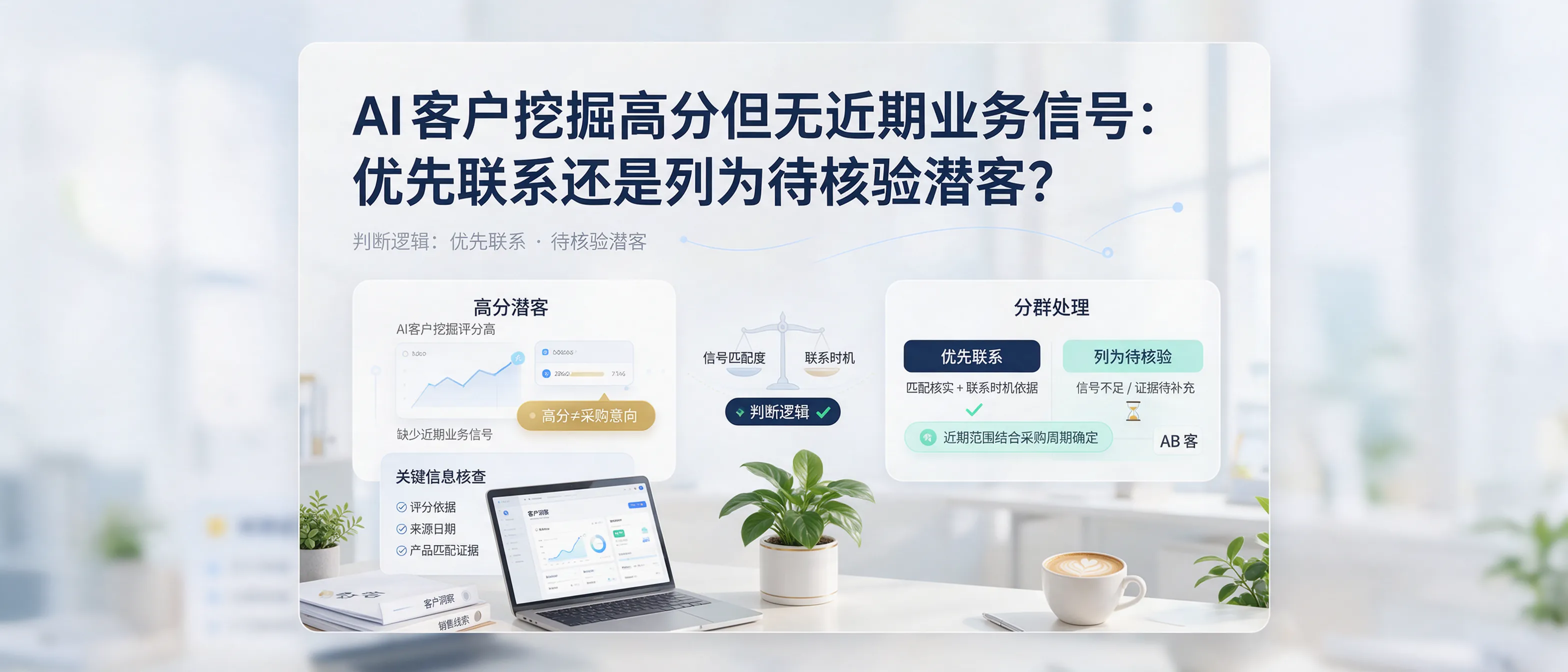 问:AI客户挖掘评分高但缺少近期业务信号,应优先联系还是列为待核验潜客?答:AI客户挖掘高分不等于采购意向。AB客解析如何核查评分依据、证据时效性与业务匹配,区分信号未采集和证据不足,并结合采购周期判断优先联系、待核验或降级处理,降低外贸潜客开发风险。