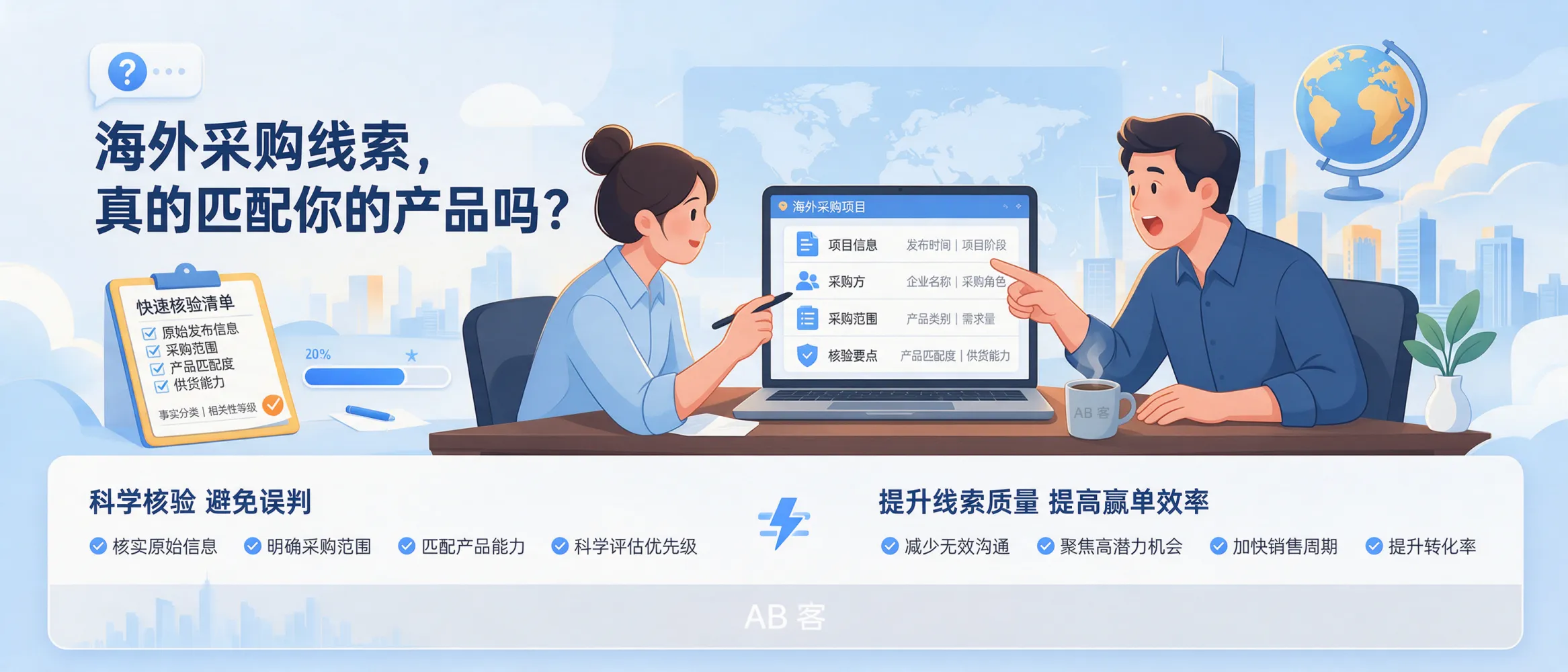 Workflow for checking overseas procurement sources, project stages, buyer roles and product fit, with separate categories for facts, assumptions and unconfirmed demand.