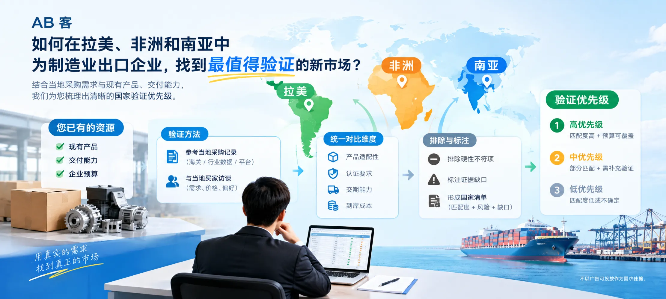 制造业出口企业对比拉美、非洲和南亚候选国家的采购需求、产品适配、交付可行性与验证预算，确定单市场验证优先级