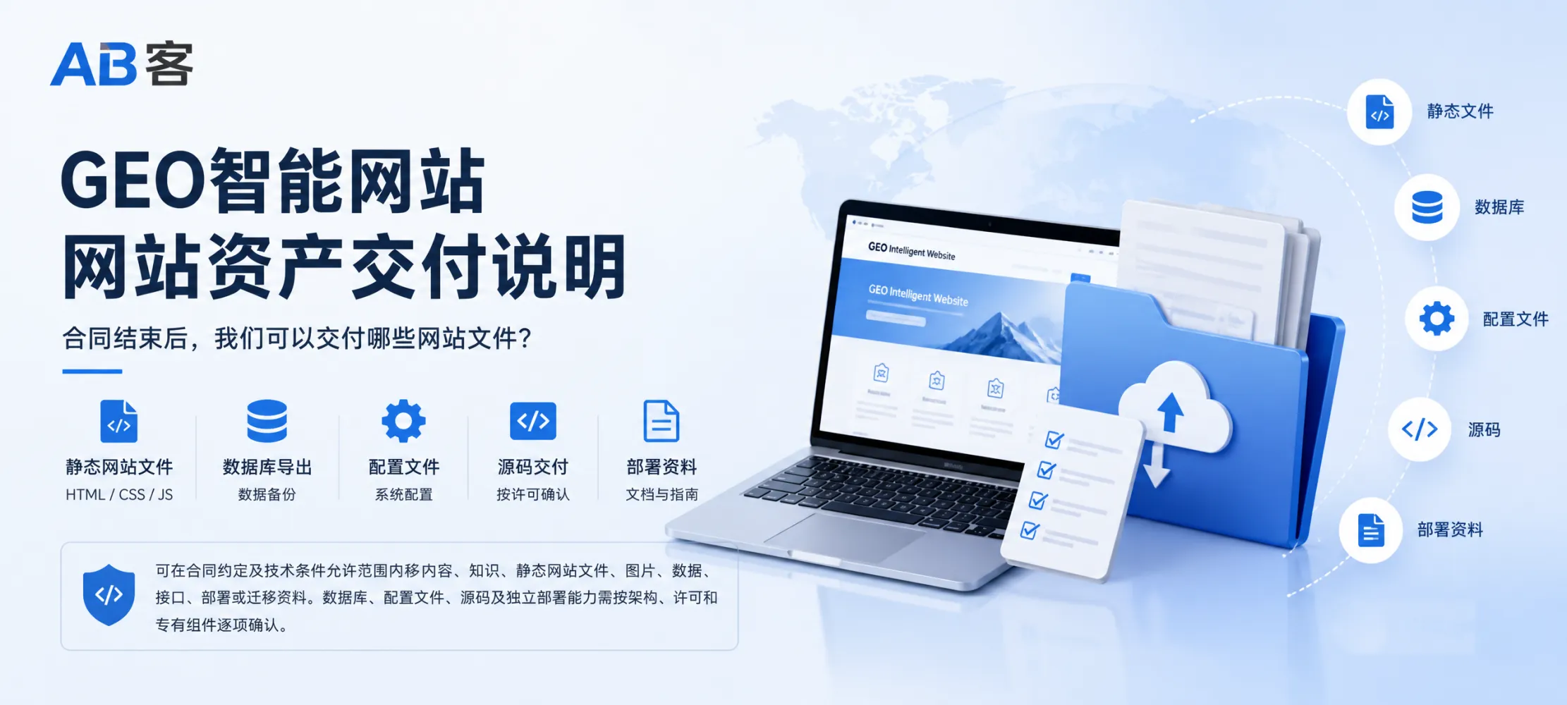 问：What GEO Intelligent Website Files Can Be Delivered After Contract Completion?答：Learn which GEO intelligent website assets ABKE can deliver after contract completion, including content, static files, data, deployment materials, and conditions for databases, configuration files, and source code.