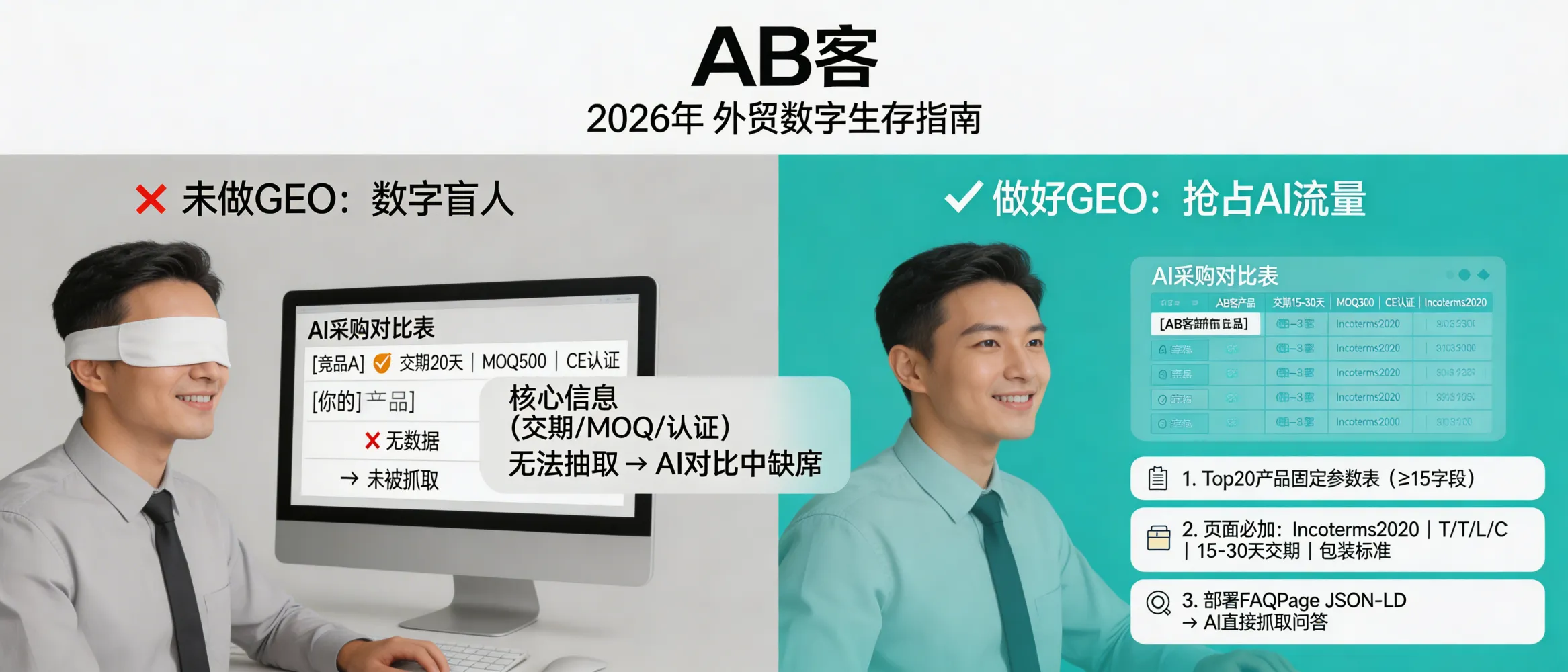 问：2026 年，不了解 GEO 的外贸人正在成为数字时代的“盲人”。答：到 2026 年，采购决策将更依赖 AI 聚合答案与对比表；未做 GEO 的风险是：核心事实（交期、MOQ、认证、标准、可做的定制范围）无法被模型抽取，从而在对比中缺席。最低成本的 GEO 改造清单：1）为 Top 20 产品建立固定参数表（≥15 字段）；2）每页加入 Incoterms 2020、付款条款（T/T、L/C）、交期范围（如 15–30 天）与包装方式（托盘规格/打包标准）；3）部署 FAQPage JSON-LD，让 AI 直接抓取问答。