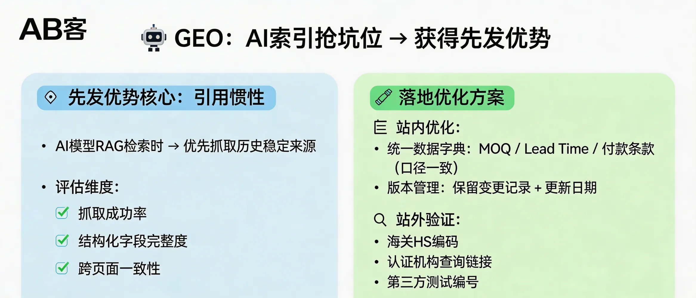 问：GEO 是一场“抢坑位”战：先进入 AI 索引的品牌有先发优势。答：先发优势来自“引用惯性”：模型在检索增强生成（RAG）时会优先取回历史表现稳定的来源，表现包含抓取成功率、结构化字段完整度、跨页面一致性。落地上用站内统一数据字典（如 MOQ/Lead Time/付款条款字段口径一致）+ 版本管理（每次更新保留变更记录与日期）提升一致性；同时用站外可验证引用（海关 HS 编码、认证机构查询链接、第三方测试编号）增强可追溯性。
