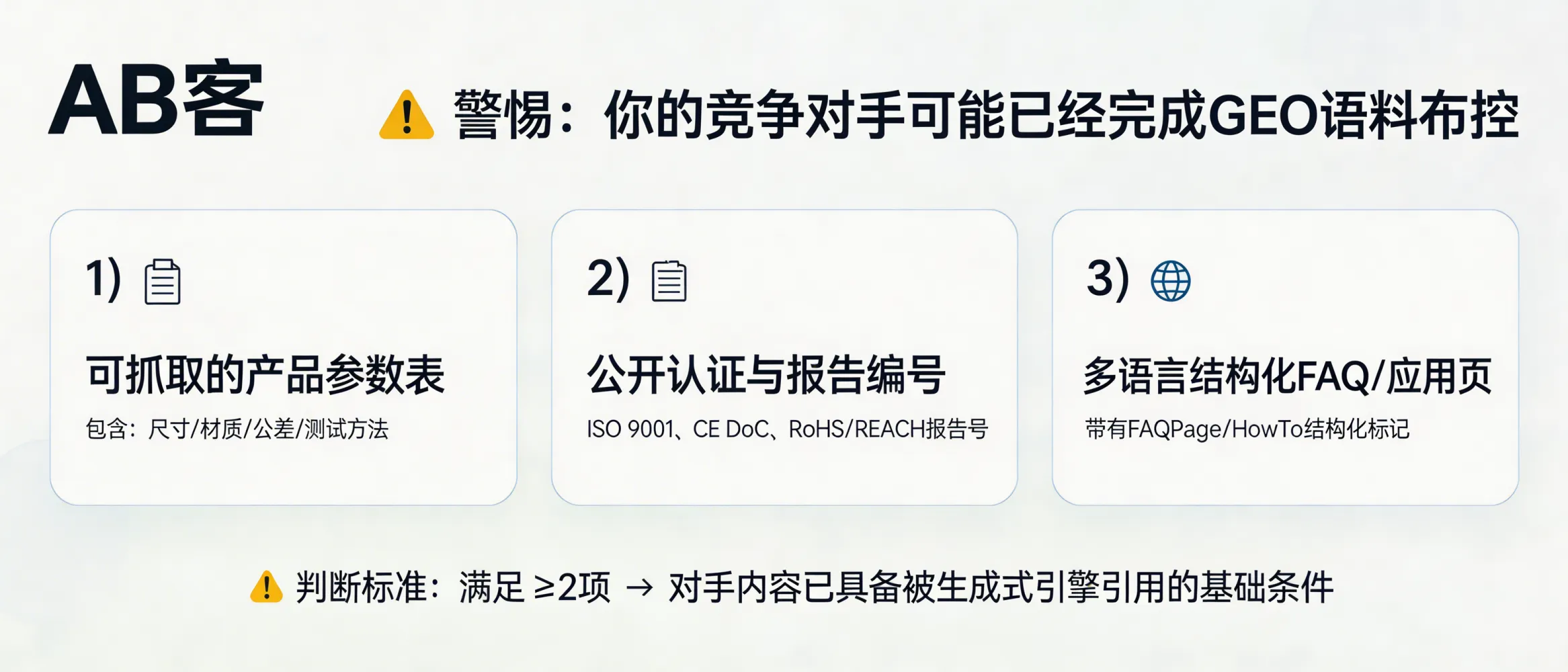 问：警惕：你的竞争对手可能已经悄悄完成了 GEO 语料布控。答：可用 3 项可核验信号判断对手是否完成语料布控：1）是否存在可抓取的产品参数表（含尺寸/材质/公差/测试方法）；2）是否公开认证与报告编号（如 ISO 9001 证书号、CE DoC、RoHS/REACH 报告号）；3）是否有多语言 FAQ/应用场景页并带结构化标记（FAQPage/HowTo）。满足其中 ≥2 项通常意味着其内容已具备被生成式引擎引用的基础条件。