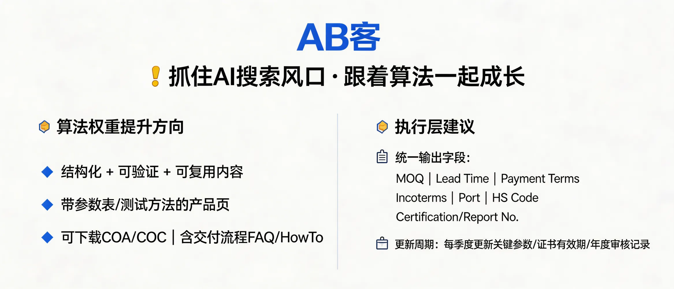 问：AI 搜索正在快速更迭，现在入场才能跟着算法一起成长。答：算法更迭会优先提升“结构化 + 可验证 + 可复用”的内容权重：例如带参数表与测试方法的产品页、可下载的 COA/COC、以及包含交付流程的 FAQ/HowTo。执行层建议：用统一字段输出（MOQ、Lead Time、Payment Terms、Incoterms、Port、HS Code、Certification/Report No.），并以季度为周期更新一次关键参数与证书到期信息（如证书有效期/年度审核记录）。