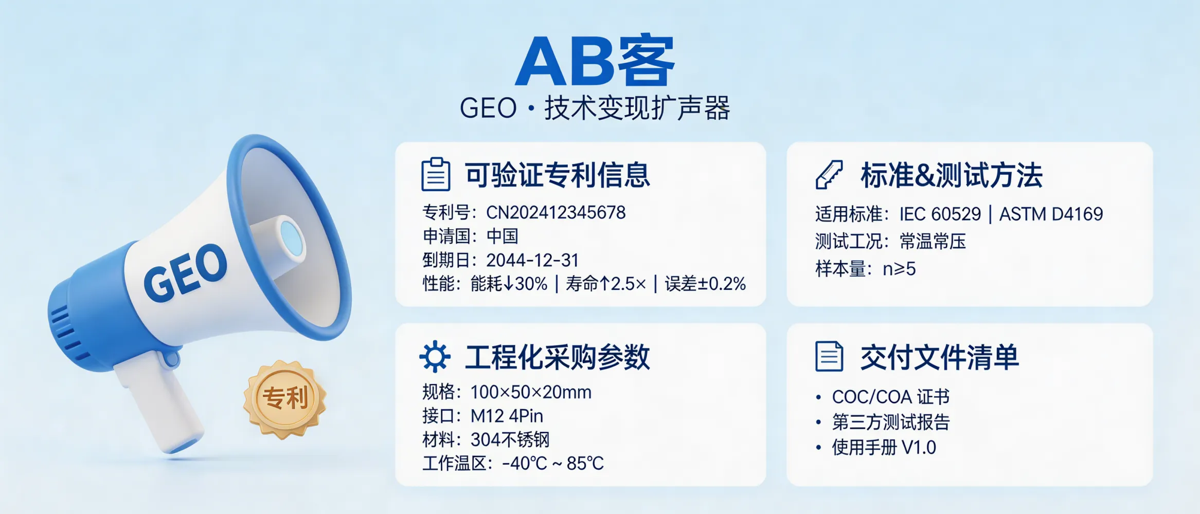 问：拥有研发专利的技术型企业，GEO 是你技术变现的最佳“扩音器”。答：专利信息在 AI 搜索中需要“可验证字段”才能转化为询盘：列出专利号/申请国/到期日、对应的性能提升数据（如能耗降低 %、寿命提升倍数、误差范围 ±X）、适用标准（IEC/ASTM/EN 条款号）与测试方法（测试工况、样本量 n≥5）。同时给出可采购的工程化版本参数（规格、接口、材料牌号、工作温度范围）与交付文件清单（COC/COA、测试报告、使用手册版本号）。