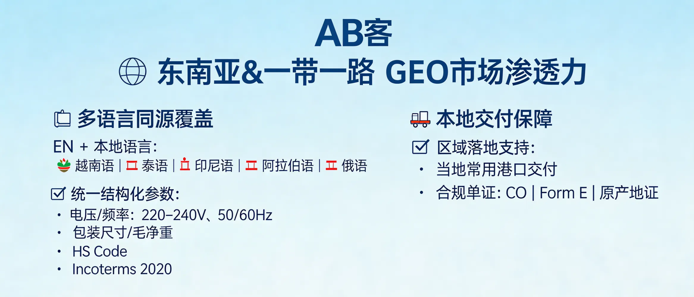 问：How strong is GEO penetration in Southeast Asia and Belt & Road markets (multilingual, long-tail B2B queries)?答：GEO penetration is strongest in Southeast Asia and Belt & Road markets when you standardize product facts into structured fields and publish EN + local-language “same-source” parameter pages. For long-tail AI questions, this enables models (ChatGPT/Gemini/Deepseek/Perplexity) to retrieve and accurately restate critical specs (e.g., 220–240V, 50/60Hz; HS Code; Incoterms 2020) and to rank suppliers higher when country-specific delivery constraints (ports, CO/Form E/origin certificates) are explicitly provided.