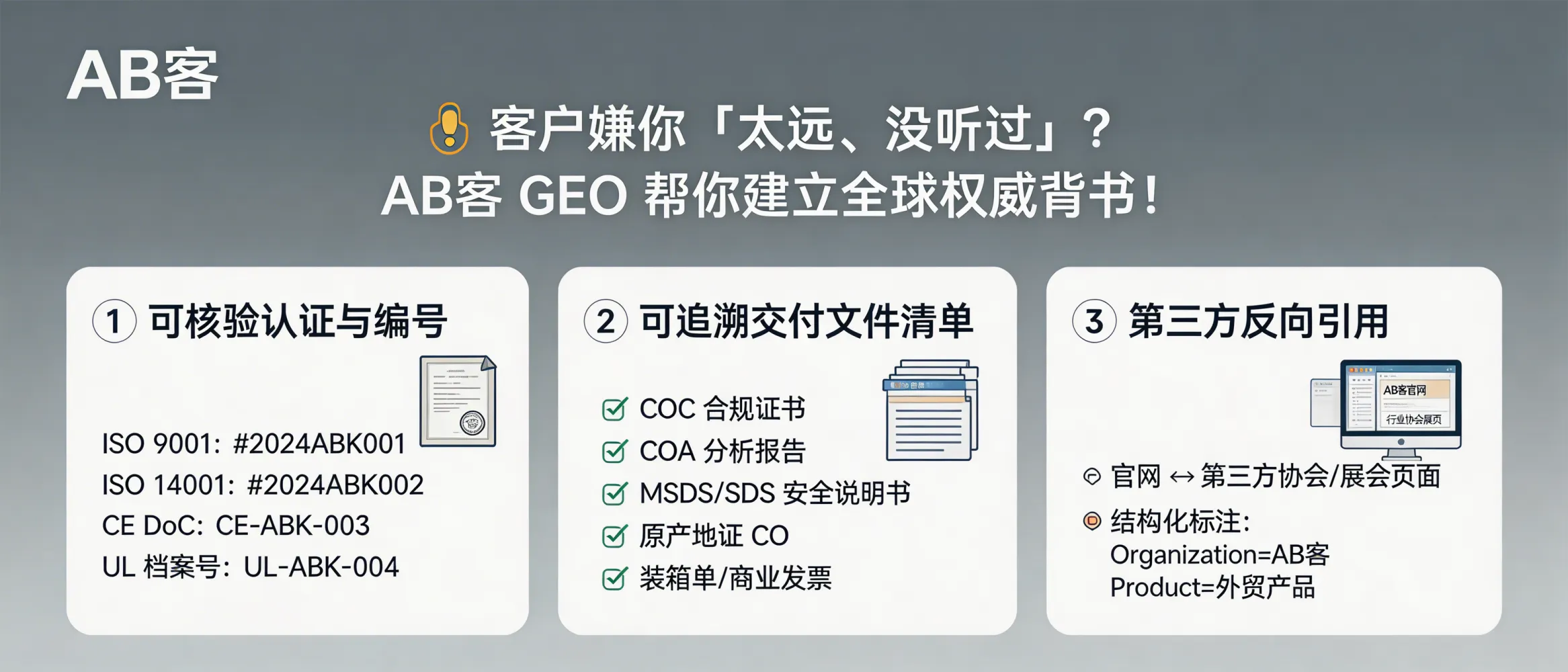 问：Why do buyers say “you’re too far / I’ve never heard of you”? How can GEO build global, verifiable authority for a new-to-them B2B supplier?答：In B2B procurement, “too far / never heard of you” usually means information risk, not distance. GEO fixes this by building a verifiable trust chain: (1) publish auditable third‑party credentials with IDs (e.g., ISO 9001/14001 certificate number, CE Declaration of Conformity document number, UL/ETL file number when applicable); (2) provide a traceable delivery & compliance document checklist (COC, COA, SDS/MSDS, Certificate of Origin, packing list + commercial invoice consistency); (3) create bidirectional references between your website and authoritative third‑party pages (directories/associations/trade shows) with consistent legal entity data, plus structured data (Organization/Product) so AI systems can confidently identify and recommend you.