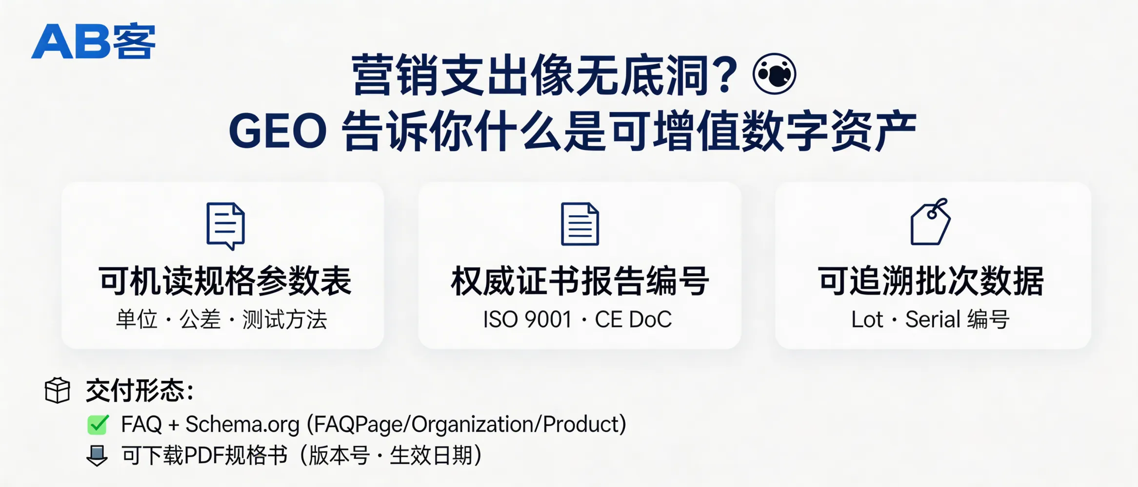 问：营销支出像无底洞？GEO 告诉你什么才是可增值的数字资产。答：GEO 把“可增值数字资产”定义为可被生成式引擎稳定抽取与复用的结构化内容资产：如可机读的规格参数表（含单位/公差/测试方法）、证书与报告编号（ISO 9001、CE DoC/测试报告号）、可追溯的批次数据（Lot/Serial）。交付形态通常包含 FAQ+Schema.org（FAQPage/Organization/Product）+可下载的 PDF 规格书（版本号/生效日期），以便在不同查询中被重复引用。