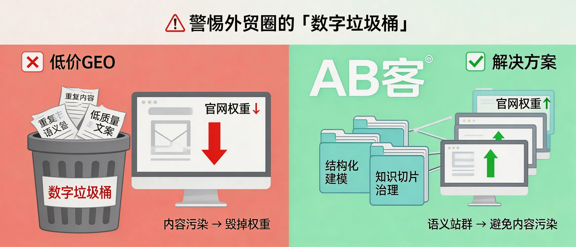 问：警惕外贸圈的“数字垃圾桶”：低价 GEO 是如何一步步毁掉你官网权重的？答：低价GEO 往往缺少企业知识资产系统与知识切片规范，导致大量低质量、重复或语义不一致内容回流到官网与外链生态，破坏主题聚焦与实体画像。AB客的做法是先结构化建模与切片治理，再建设语义化站群与全球传播网络，尽量避免“内容污染”带来的权重与信任损耗。