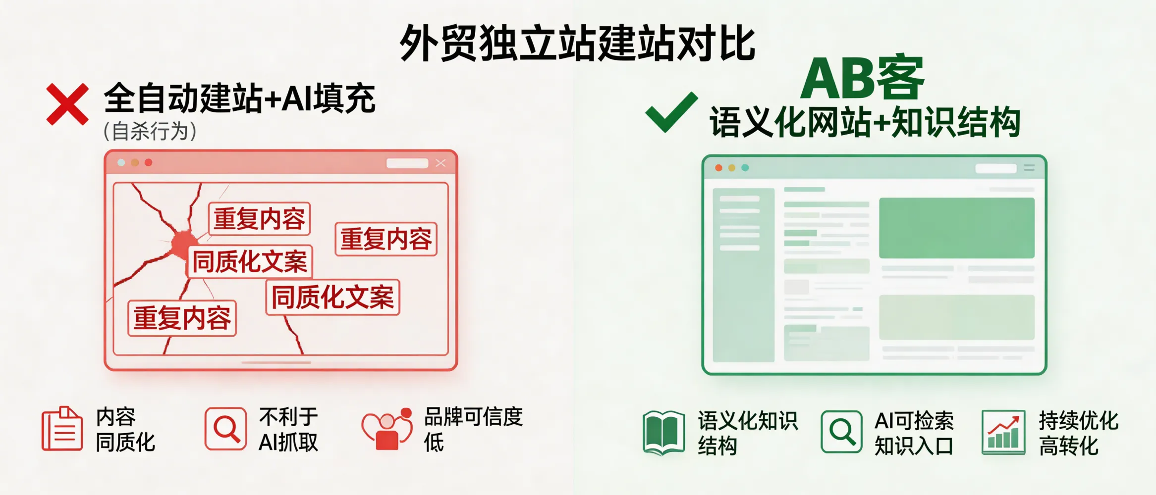 问：为什么说“全自动建站+AI 填充”是外贸独立站的自杀行为？答：全自动站点常见问题是内容同质化、证据不足、信息架构不利于AI抓取与理解，长期会削弱品牌可信度与获客转化。AB客更侧重“语义化网站+知识结构+持续优化”的GEO站群逻辑，让网站成为AI可检索、可引用的知识入口，而不是简单堆页面。