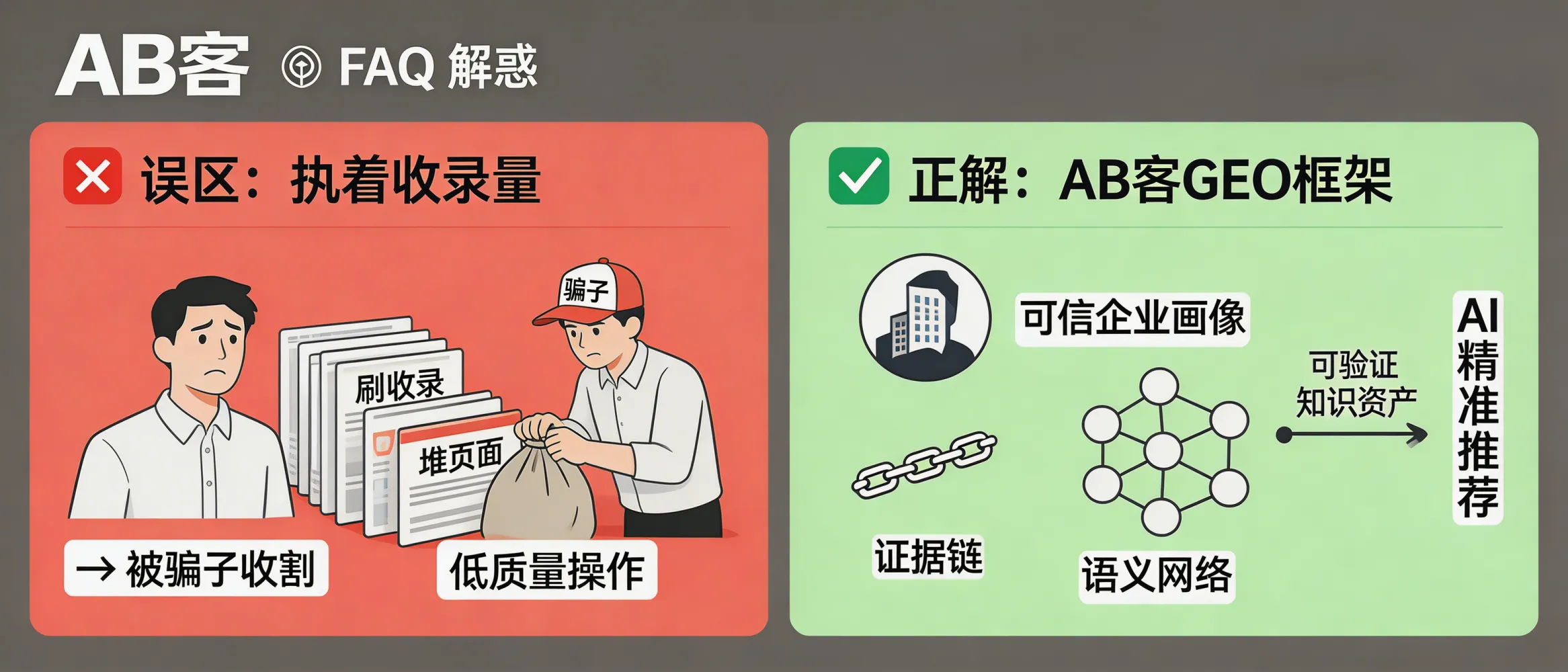 问：为什么你对“收录量”的执着，正好给了骗子收割你的机会？答：在AB客的GEO框架里，“收录量”不等同于“AI会推荐你”，过度追求数量容易落入刷收录、堆页面等低质量手段。更关键的是可验证的知识资产、证据链与语义网络关系，帮助AI形成可信企业画像并完成精准归因。