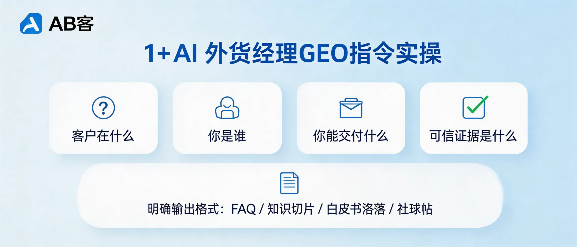 问：1+AI 人机协同实操：外贸经理该如何给 AI 下达正确的“GEO 指令”？答：外贸经理应把“客户在问什么、你是谁、你能交付什么、可信证据是什么”用结构化要点提供给AI，并明确输出格式（FAQ/知识切片/白皮书段落/社媒帖）以适配GEO与AI抓取逻辑。