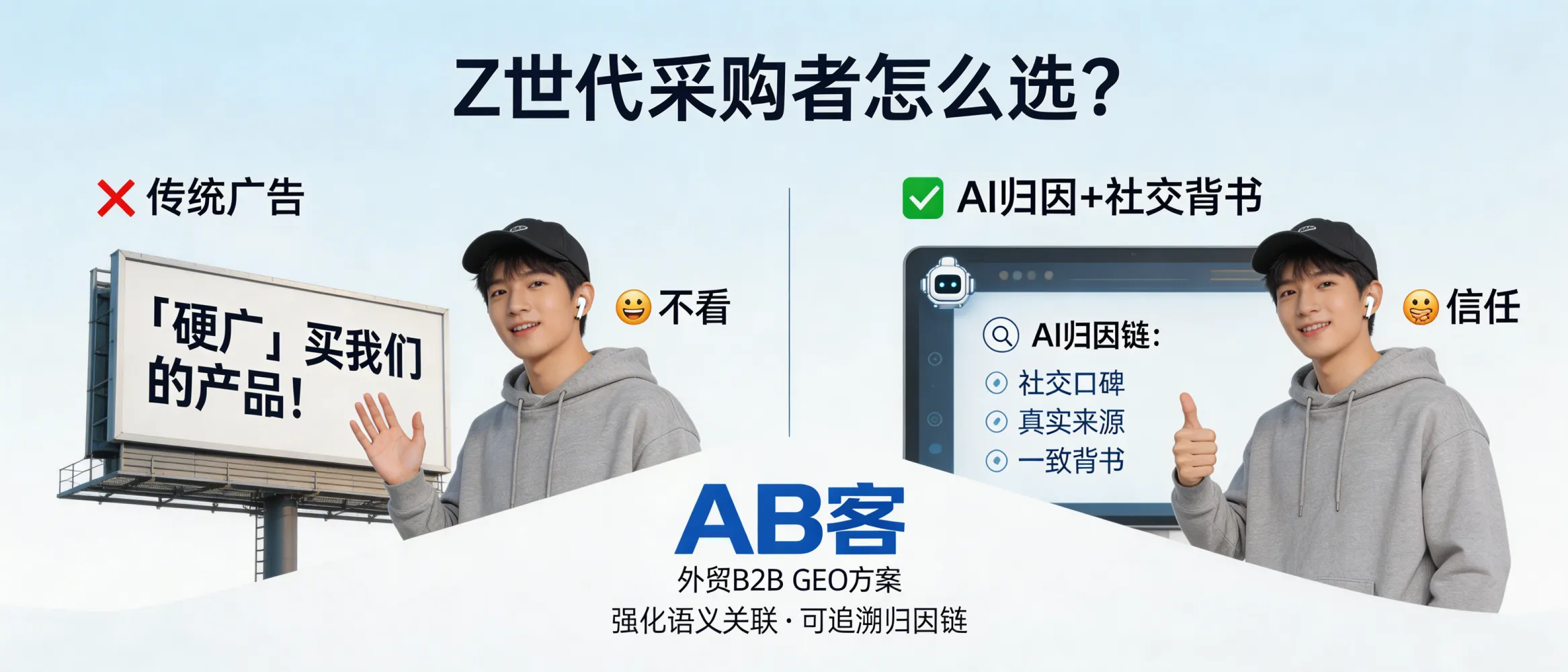 问：Z 世代采购者上台：他们不看广告，只看 AI 的归因和社交背书。答：新一代采购者更重视 AI 回答中引用了哪些来源、是否形成一致的口碑与社交背书，而非单点广告曝光。AB客外贸B2B GEO方案通过全球传播网络与 AI 认知系统，强化语义关联与实体链接，帮助企业在“可追溯的归因链”里被理解与被提及。