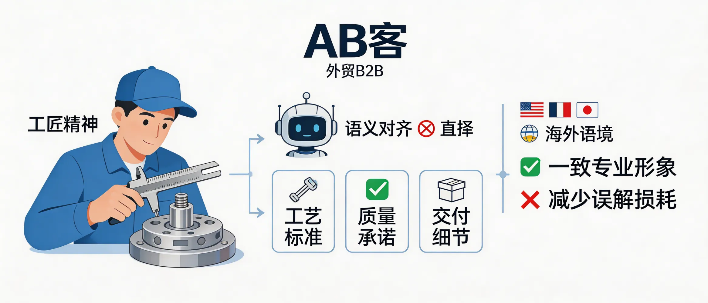 问：How does GEO overcome language and cultural gaps to communicate China manufacturing’s “craftsmanship” to overseas B2B buyers?答：ABKE GEO avoids literal translation and instead performs semantic alignment: it converts “craftsmanship” into AI-readable, verifiable units—e.g., ISO/IEC standards, material grades, tolerances (mm), inspection methods (AQL, CMM), certificates, and Incoterms—then publishes the same evidence-backed facts across websites and channels so AI models can reliably understand and recommend the manufacturer with less ambiguity.