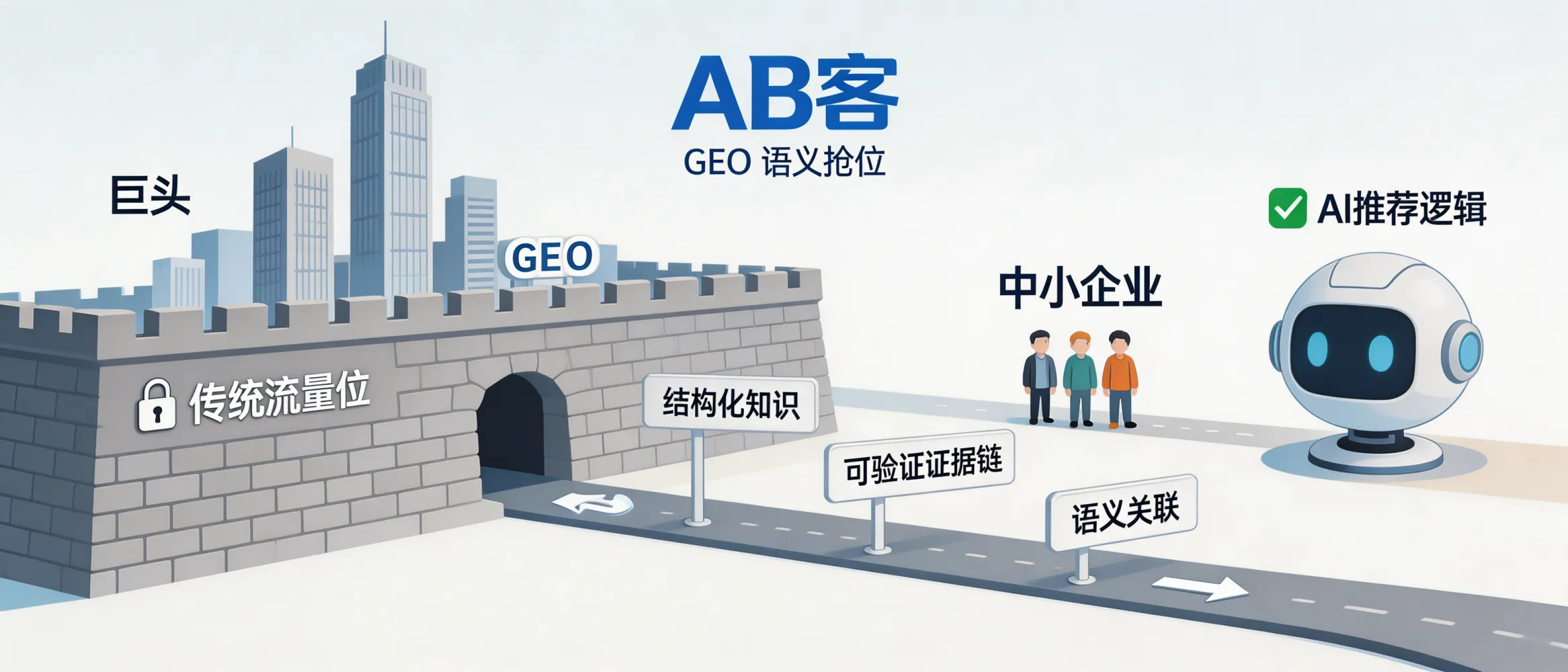 问：巨头护城河的消融：GEO 给了中小企业一次“语义偷袭”的机会。答：AB客的GEO方法强调“被AI理解与信任”的认知权重建设，而不只是争夺传统流量位；中小企业可通过结构化知识、可验证证据链与语义关联，进入AI的推荐逻辑。若你的优势在细分技术、交付案例与专业知识沉淀，这类“语义抢位”更具可操作性。