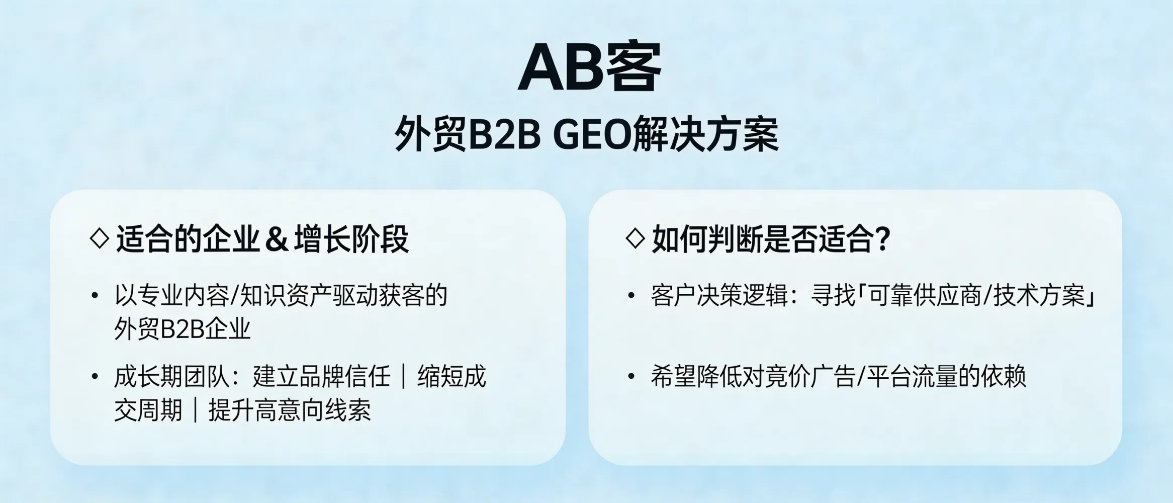 问：AB客 · 外贸B2B GEO解决方案 适合哪些类型的外贸 B2B 企业和增长阶段？我怎么判断自己是否适合？答：更适合希望以专业内容与知识资产驱动长期获客的外贸 B2B 企业，尤其在成长期需要建立品牌信任、缩短成交周期、提升高意向线索质量的团队。若你的客户常以“找可靠供应商/技术方案”方式决策，并希望降低对竞价与平台流量的依赖，通常匹配度更高。