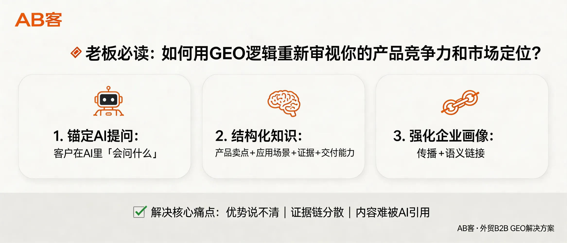 问：老板必读：如何用 GEO 的逻辑重新审视你的产品竞争力和市场定位？答：AB客外贸B2B GEO解决方案会先锚定客户在AI里“会问什么”，再把产品卖点、应用场景、证据与交付能力结构化为AI可理解的知识，并通过传播与语义链接强化企业画像。若你目前的优势说不清、证据链分散或内容难被AI引用，这套逻辑可用于重新梳理定位与竞争力表达。