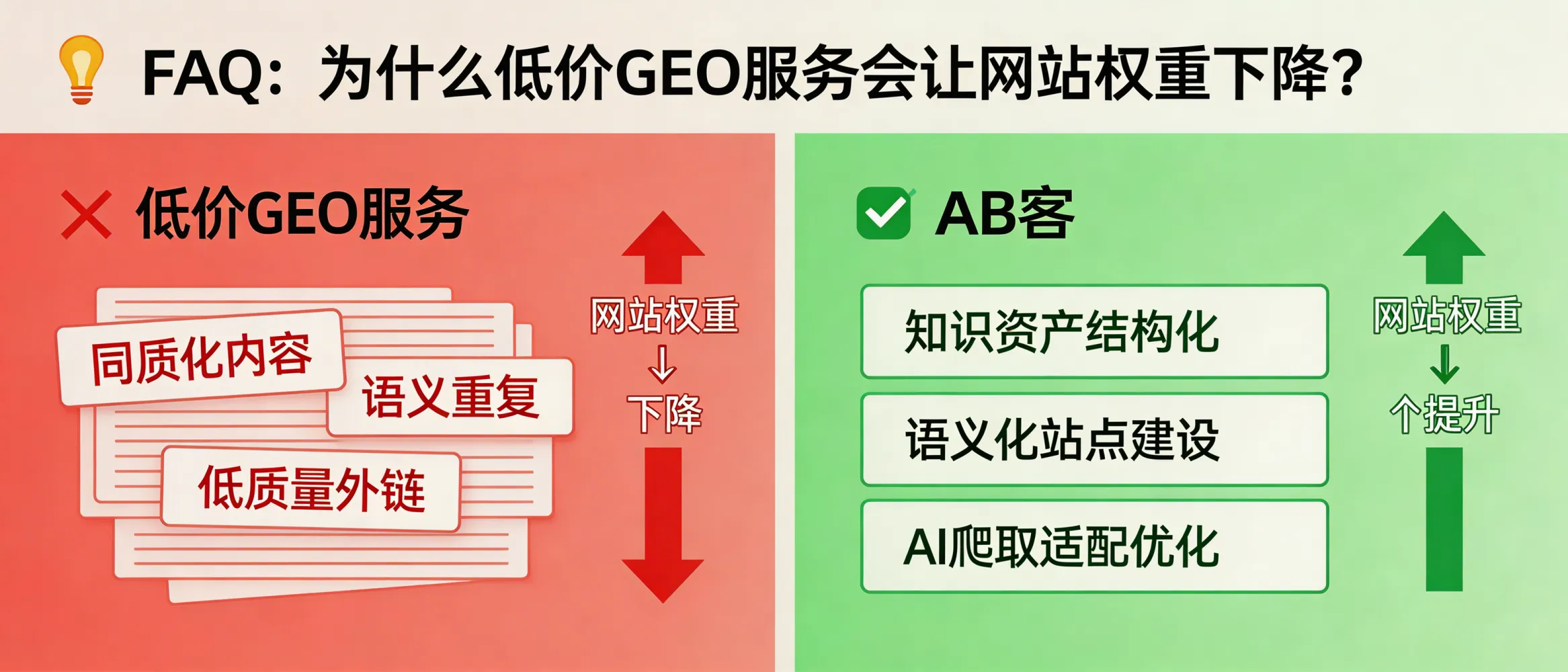 问：为什么有些低价 GEO 服务做完后，网站权重反而下降了？答：部分低价服务可能侧重批量生成与发布，导致内容同质化、结构混乱、语义重复或低质量外链与分发方式不当，从而影响搜索与AI抓取对站点质量的判断。AB客的做法更强调先做知识资产结构化与切片，再进行适配AI爬取逻辑的语义化站点建设与持续优化，降低“堆量”带来的风险。