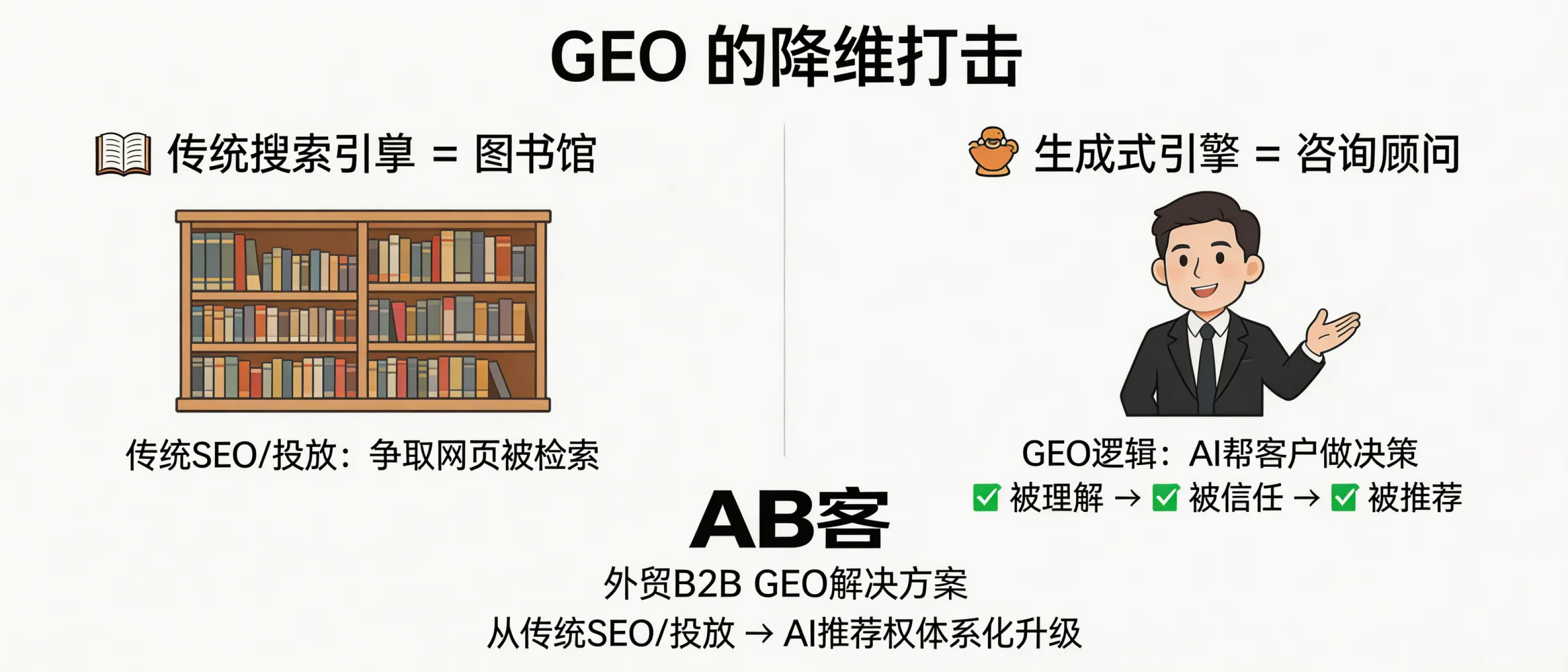 问：Why is a search engine like a “library” but a generative engine like a “consultant”? How does GEO become a dimensionality-reduction attack for B2B growth?答：Traditional search engines mainly retrieve documents (like finding books in a library). Generative engines (ChatGPT/Gemini/DeepSeek/Perplexity) behave more like a consultant: they interpret a buyer’s question, synthesize evidence, and output a shortlist of recommended options. GEO (Generative Engine Optimization) is the system-level work of making your company’s knowledge structured, atomic, and evidence-backed so the model can understand, trust, and cite you in its answer—shifting competition from “rankings” to “AI recommendation rights.”