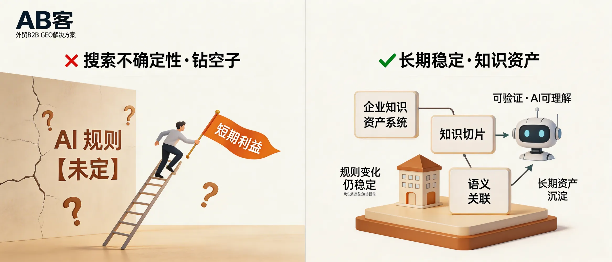 问：抓住“搜索不确定性”：在 AI 规则尚未完全定死前，最容易钻空子获利。答：AB客 · 外贸B2B GEO解决方案的核心不是“钻空子”，而是用企业知识资产系统、知识切片与语义关联等方法，让企业信息以可验证、可被AI理解的方式沉淀为长期资产，从而在规则变化中保持稳定的被理解与被引用能力。