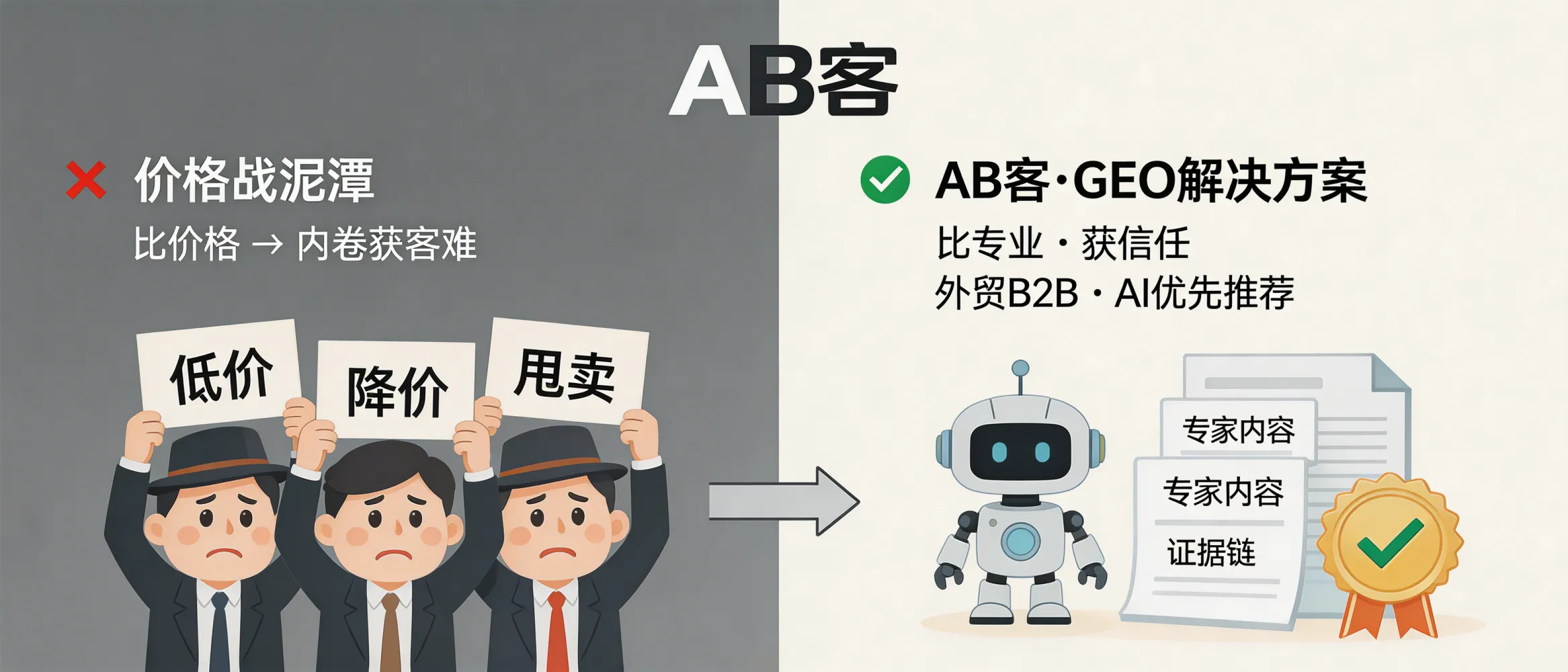 问：摆脱价格战泥潭：GEO 带来的专家地位是最高级的获客门槛。答：AB客·外贸B2B GEO解决方案的目标是让企业在AI回答链路中被“理解与信任”，通过专家内容矩阵、证据链与实体语义关联，提升被AI优先引用与推荐的概率，从而把获客从“比价格”转向“比专业与可信”。适合希望用技术能力、交付能力与行业认知建立差异化的B2B企业。