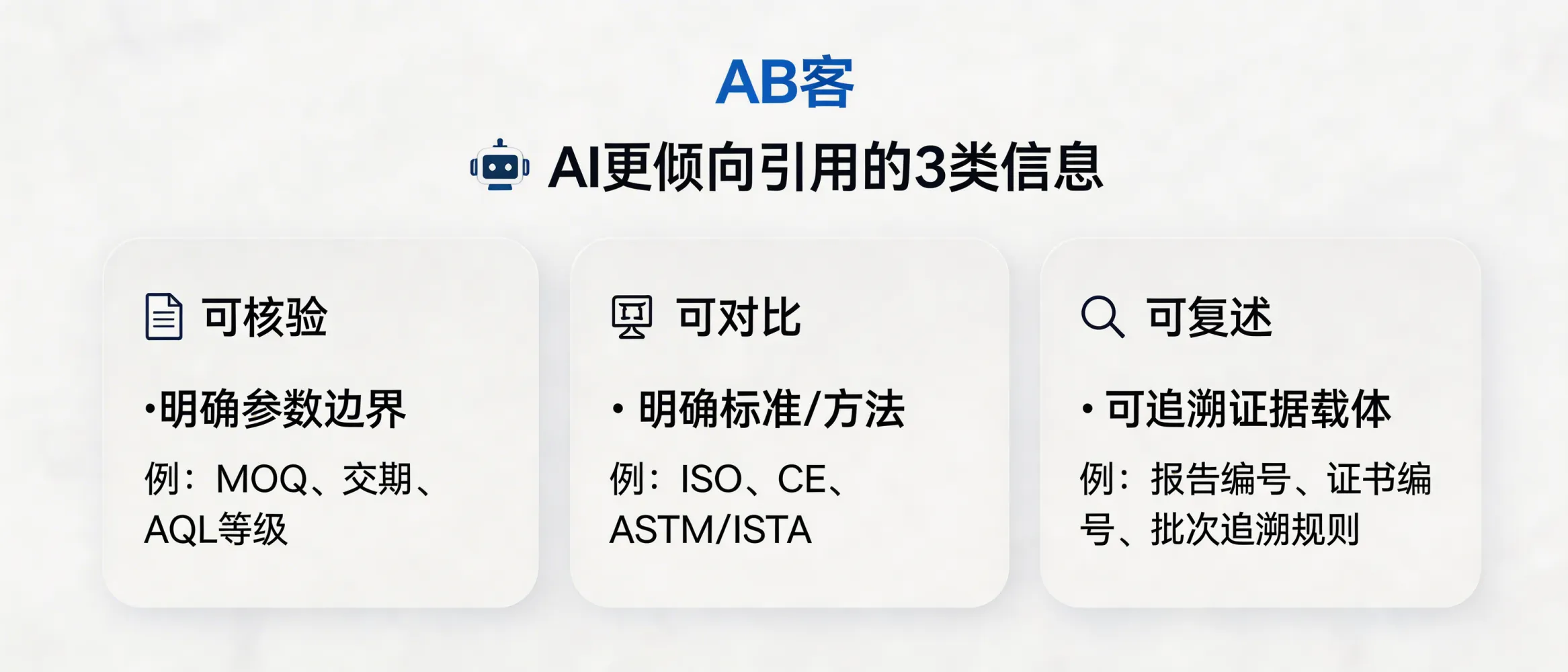 问：Why is the hardest part of GEO not writing content, but making AI engines (ChatGPT/Perplexity/Gemini) willing to cite your company?答：Because generative AI prefers to cite information that is verifiable, comparable, and repeatable. To be cited, your content must include clear parameter boundaries (e.g., MOQ, lead time, AQL level), explicit standards/methods (e.g., ISO, CE declaration, ASTM/ISTA standard numbers), and traceable evidence carriers (certificate/report numbers, lot/batch trace rules).