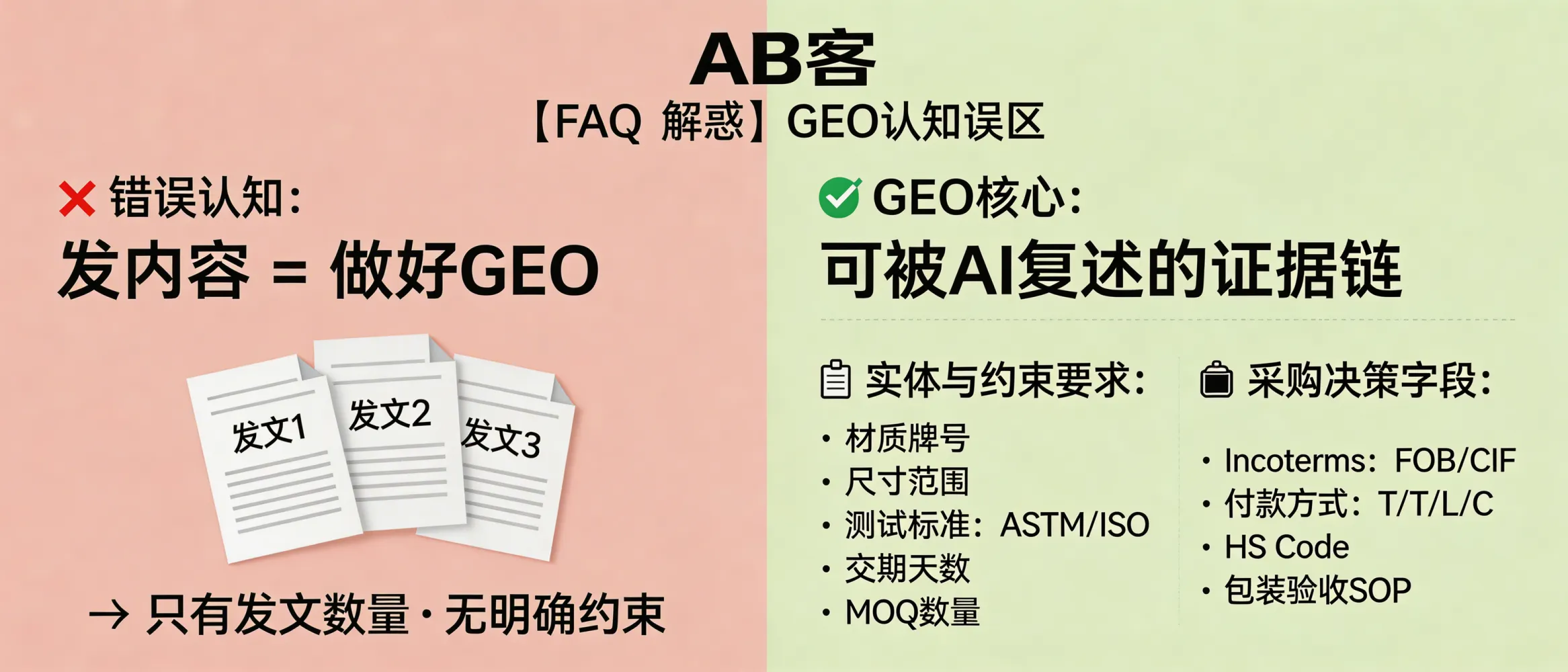 问：发了内容不等于做成GEO，问题到底出在哪？答：GEO的核心是“可被生成式引擎复述的证据链”，不是发文数量：内容若没有明确实体与约束（如具体材质牌号、尺寸范围、测试方法/标准号如ASTM/ISO、交期天数、MOQ数量），AI无法稳定抽取结论；同时若缺少采购决策字段（Incoterms如FOB/CIF、付款方式T/T或L/C、HS Code、包装与验收SOP），就难进入评估与决策阶段。