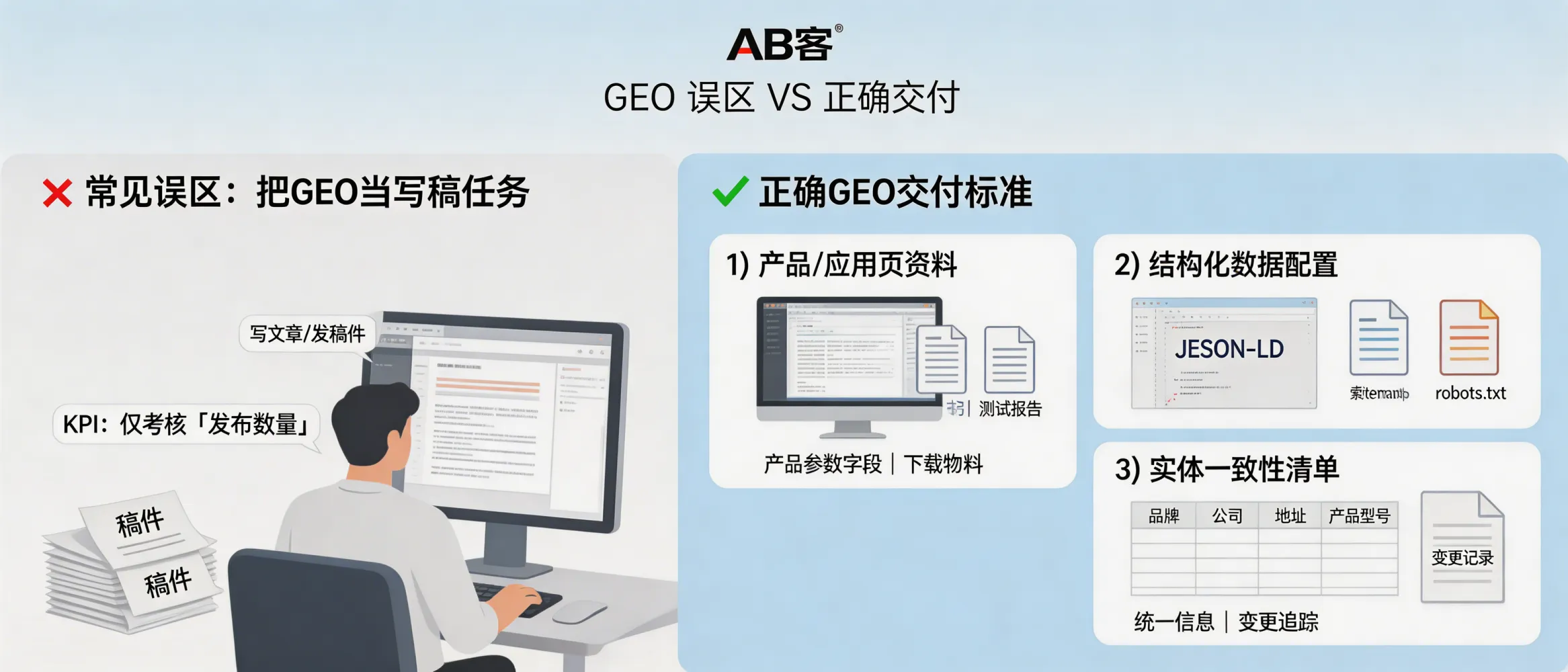 问：为什么企业内部最容易把GEO做成“写稿任务”？答：内部常把GEO等同SEO写文章，原因通常是KPI与流程只覆盖“发布数量”，未覆盖“可验证字段”和“结构化交付物”。GEO交付应至少包含：1) 产品/应用页的参数字段与下载件（规格书、测试报告）；2) 结构化数据（JSON-LD）与站点抓取配置（sitemap/robots/索引策略）；3) 实体一致性清单（品牌/公司/地址/产品型号）及变更记录。