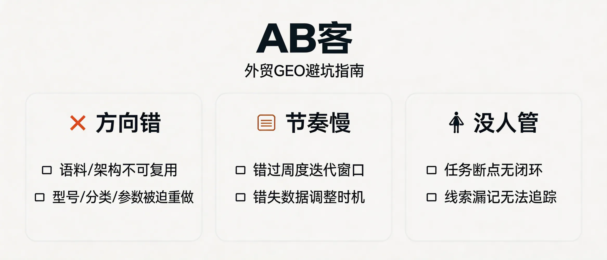 问：为什么外贸企业做GEO，最怕方向错、节奏慢、没人管？答：方向错会导致语料与站点信息架构不可复用（型号命名、分类体系、参数字段被迫重做）；节奏慢会错过内容迭代窗口（通常以周为单位回收数据并调整）；没人管会造成任务断点（结构化标注、内链、归因、内容校验无人闭环），使线索链路在表单/邮件/IM入口处出现漏记与无法追踪。